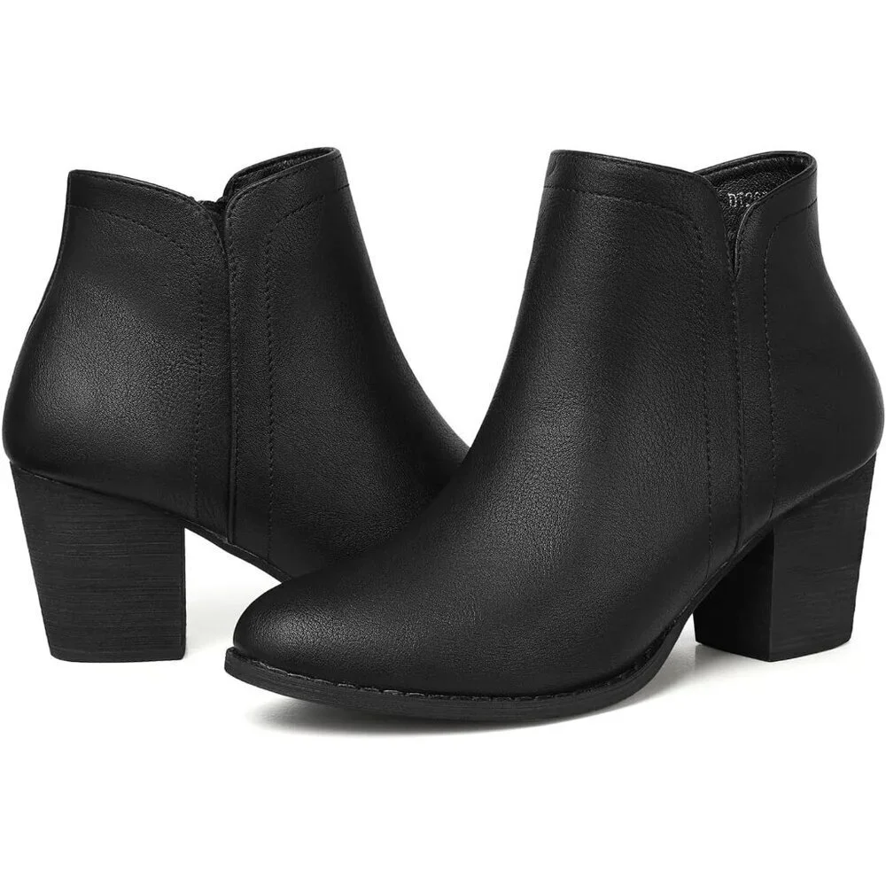 Women's Black Pu Ankle Chunky Heeled Almond Toe Short Zipper Faux Suede Booties